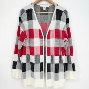 Max Studio Black and Red Checkered Fuzzy Open Front Cardigan Size XL